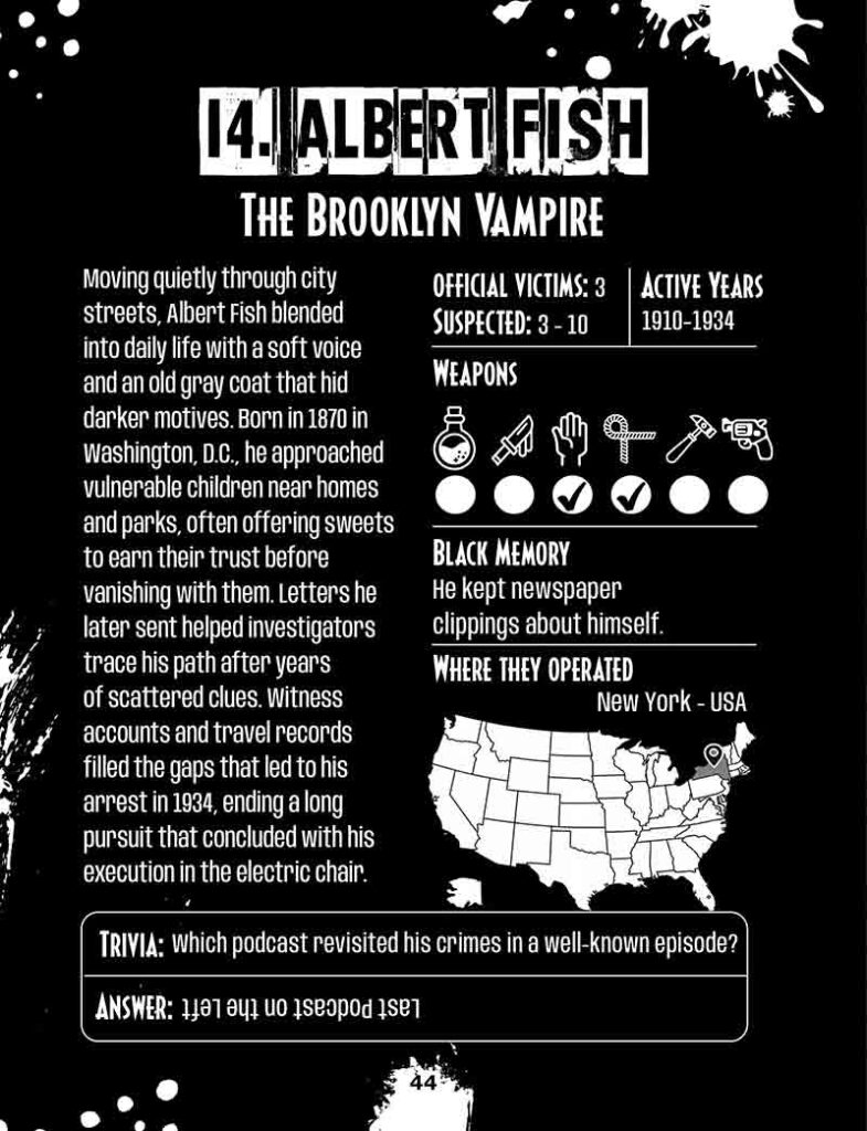 Albert Fish the Brooklyn Vampire bio true crime coloring page for adults with dark history illustration, infamous murderer profile, bloody case trivia, and morbid curiosity activity book art