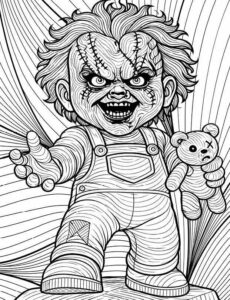 Chucky cursed doll horror coloring page for adults