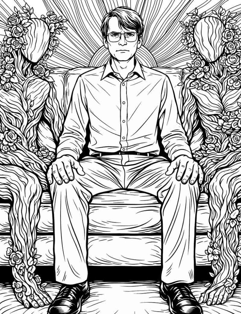 Ed Gein the Butcher of Plainfield true crime coloring page for adults featuring notorious murderer art, creepy dark history illustration, bloody case theme, and horror colouring activity content