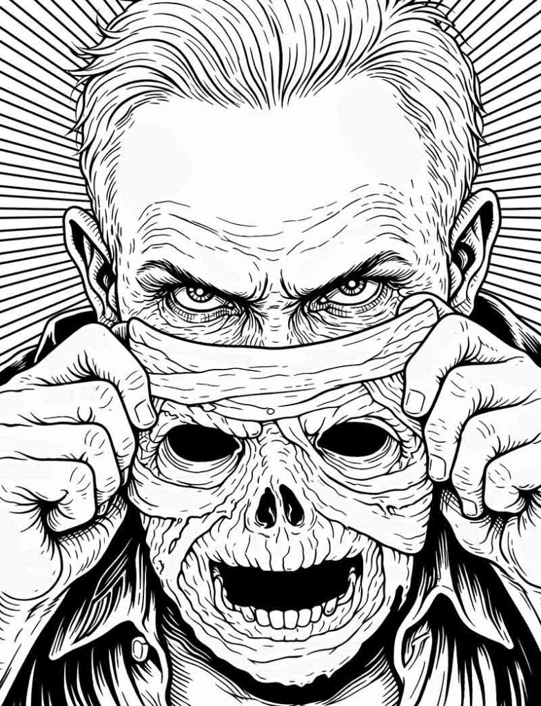 Elizabeth Bathory true crime coloring page for adults with infamous female killer artwork, bloody history theme, macabre illustration, and dark mystery activity book content for murderino fans