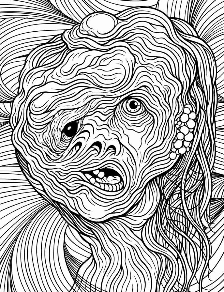 Elisabeth Sparkle from The Substance 2024 body horror coloring illustration for adults