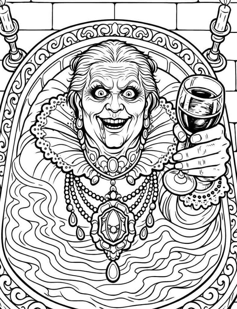 Elizabeth Bathory true crime coloring page for adults with infamous female killer artwork, bloody history theme, macabre illustration, and dark mystery activity book content for murderino fans