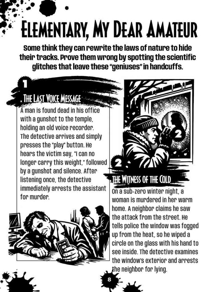 Interior page from 50 Serial Killers True Crime Coloring and Activity Book for Adults showing large format true crime activities, creepy puzzle content, and dark history book preview
