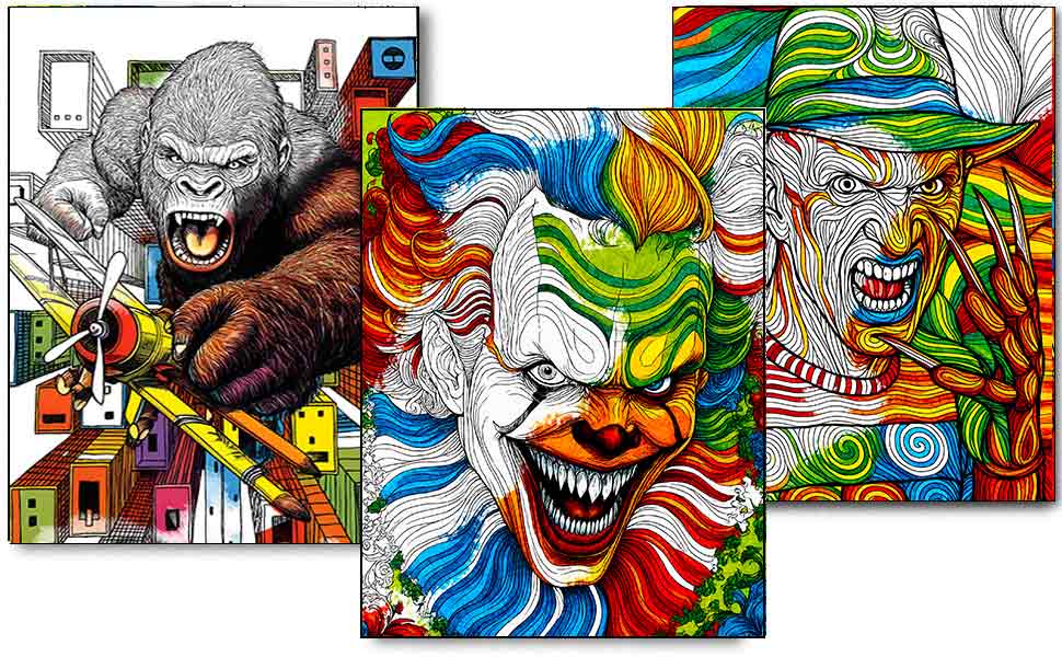 Horror movie monster coloring book interior page for adults