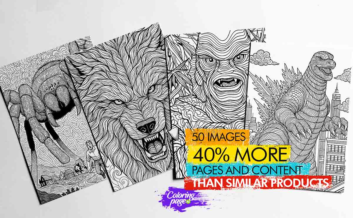 Horror movie monsters printable coloring book page for adults