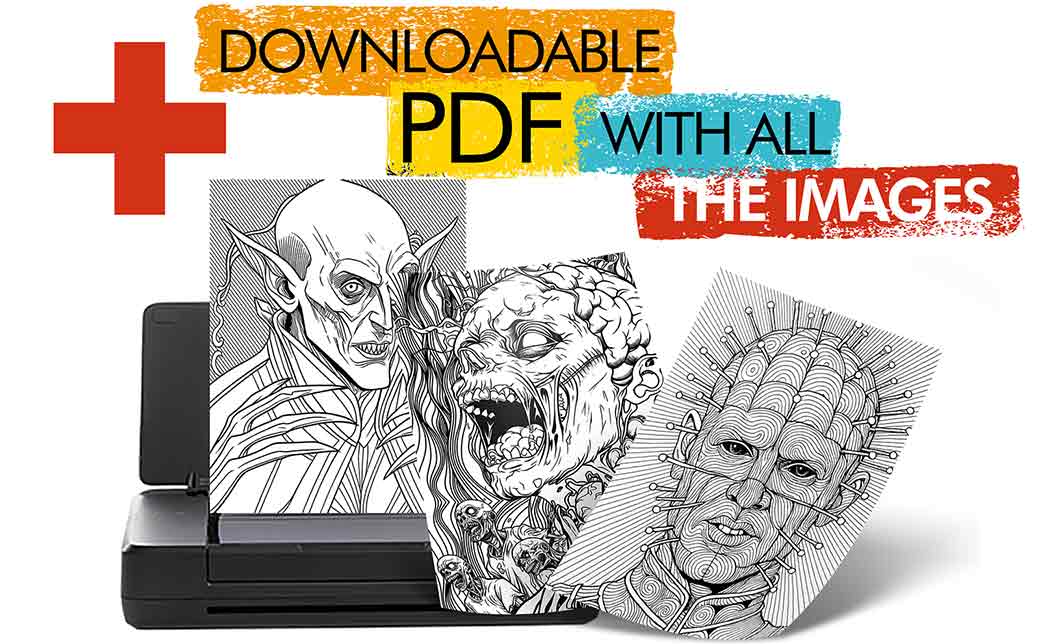 Horror movie monsters printable coloring book page for adults