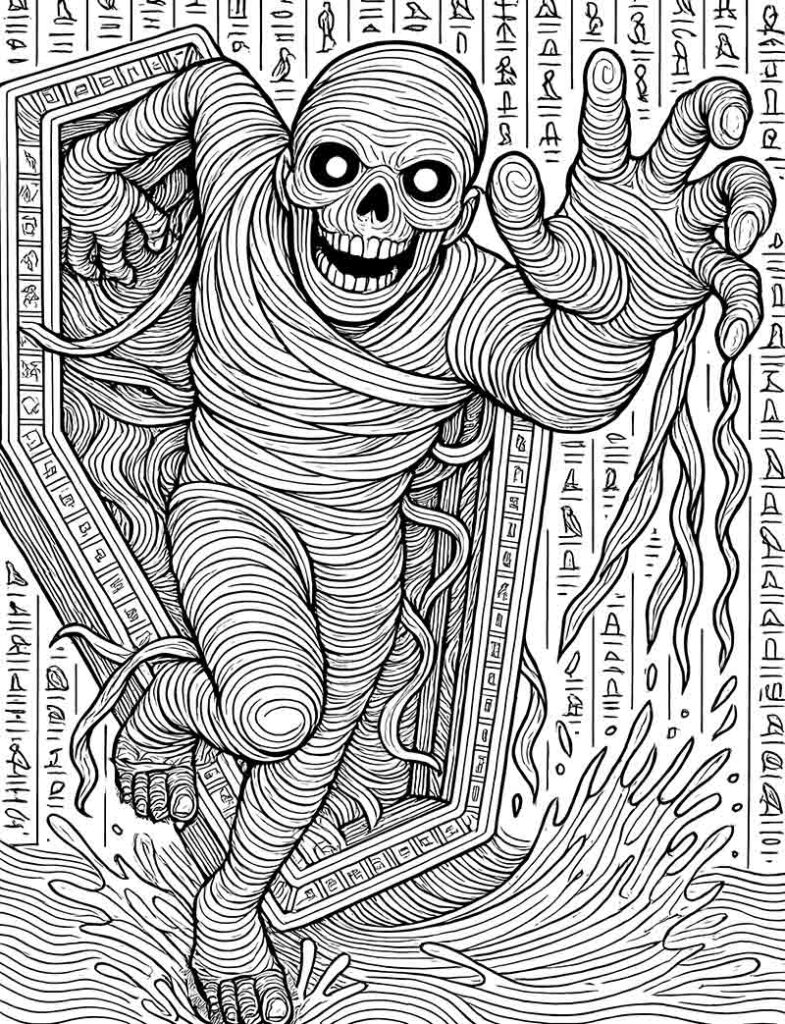 Imhotep mummy classic horror movie monster coloring illustration for adults