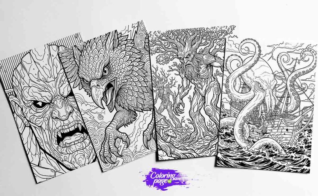 Mythological creatures coloring book sample page for adults