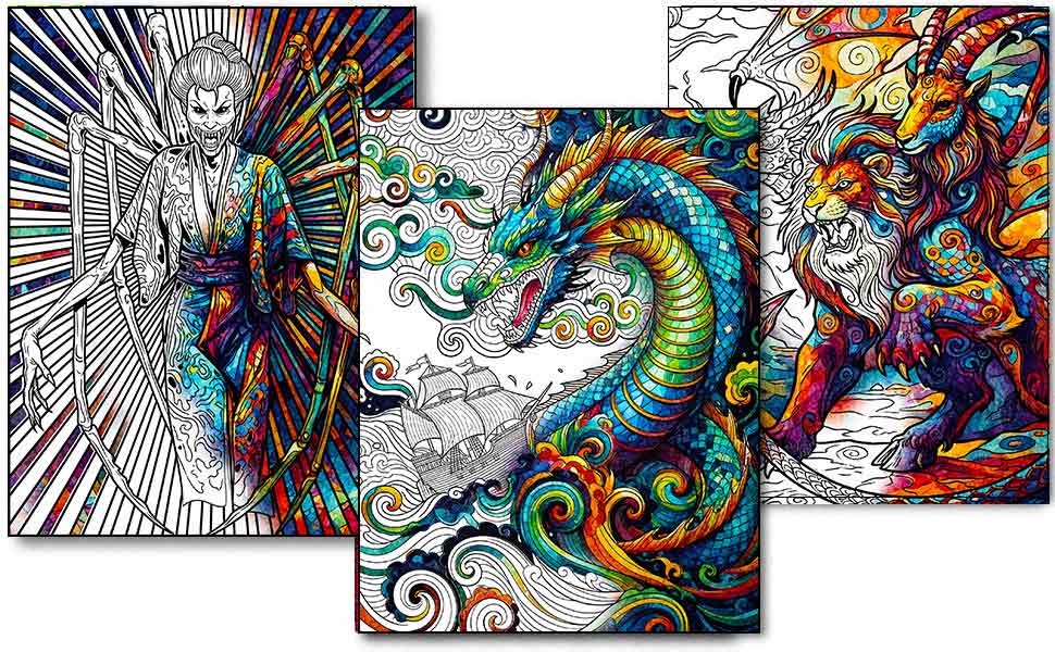 Mythological creatures colored page example for adults