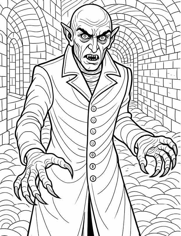Nosferatu gothic vampire horror coloring page for adults