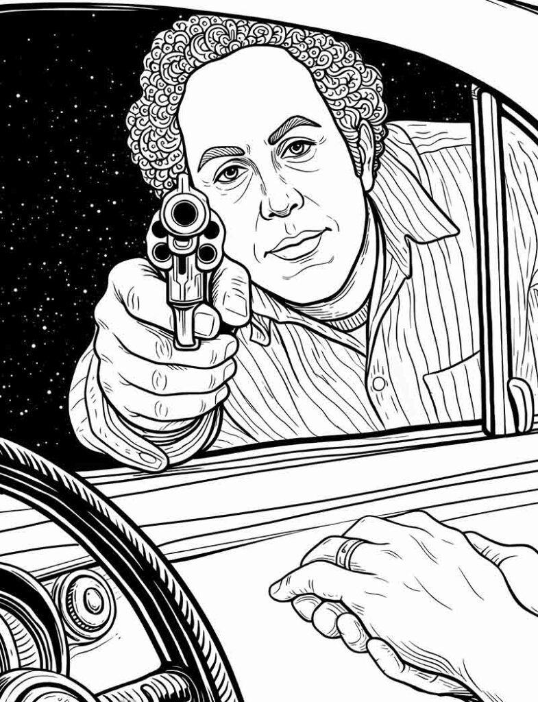 Son of Sam David Berkowitz true crime coloring page for adults with notorious killer artwork, chilling crime case theme, dark history illustration, and murder mystery activity book content
