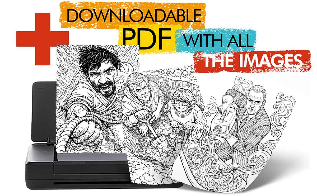 True crime coloring book preview on tablet with printable black and white pages for adults