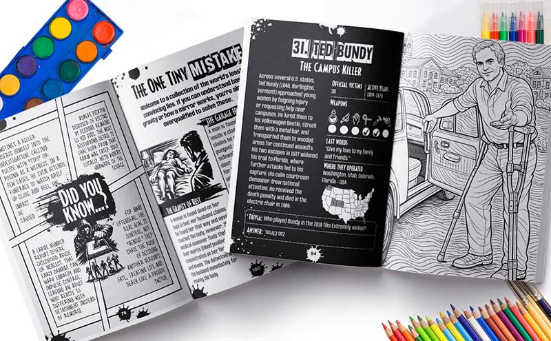 Facts, Trivia, Quotes, Logic Puzzles, and Large Pages to Color Featuring Infamous Murderers, Chilling Crime Cases, Cryptograms, Crosswords, Word Search Games & Sudokus