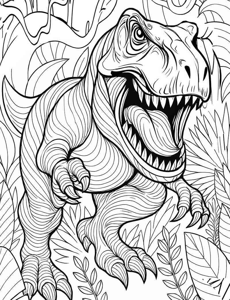 Tyrannosaurus Rex from Jurassic Park 1993 dinosaur horror coloring illustration for adults