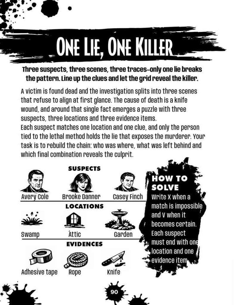 True crime game page for adults with serial killer themed brain games, creepy fun challenges, dark history activities, and murder mystery entertainment for true crime lovers
