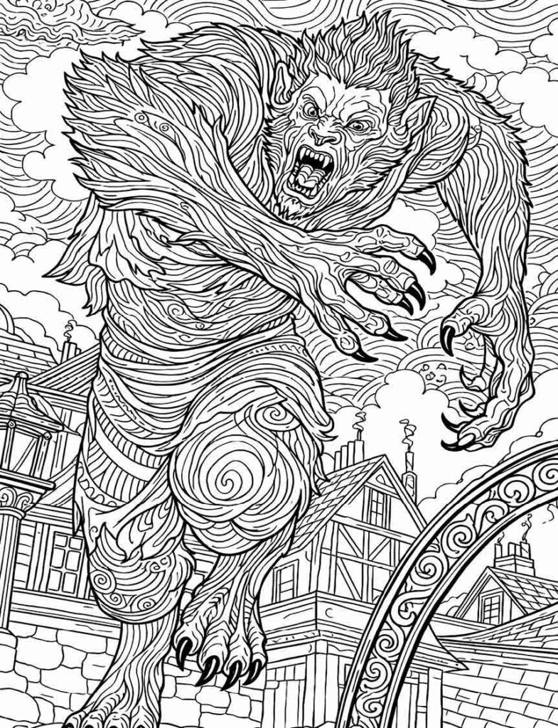 Werewolf mythical creatures coloring illustration for adults and teens