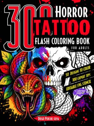Front cover of the Horror Tattoo Flash Coloring Book for Adults by Diego Perche Silva, featuring a detailed skull illustration and gothic lettering, published by Coloring Page AI for professional artists and colorists