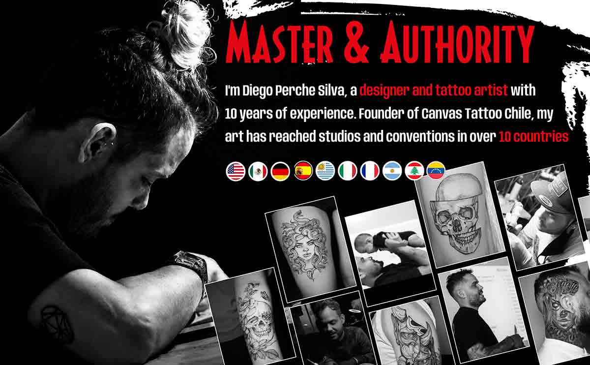A professional headshot of Diego Perche Silva, founder of Canvas Tattoo Chile and creator of the Horror Tattoo Flash Coloring Book, presenting his extensive experience as an international tattoo artist with convention and studio work across the USA, Europe, Latin America, and Lebanon