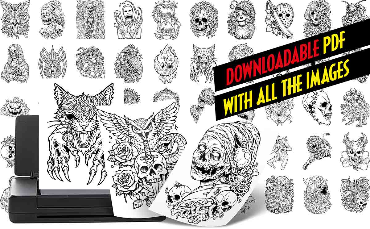 Digital assets and downloadable files overview page for Horror Tattoo Flash, including QR code access to stencil-ready SVGs, printable PDFs, and high-resolution color references for professional workflow.