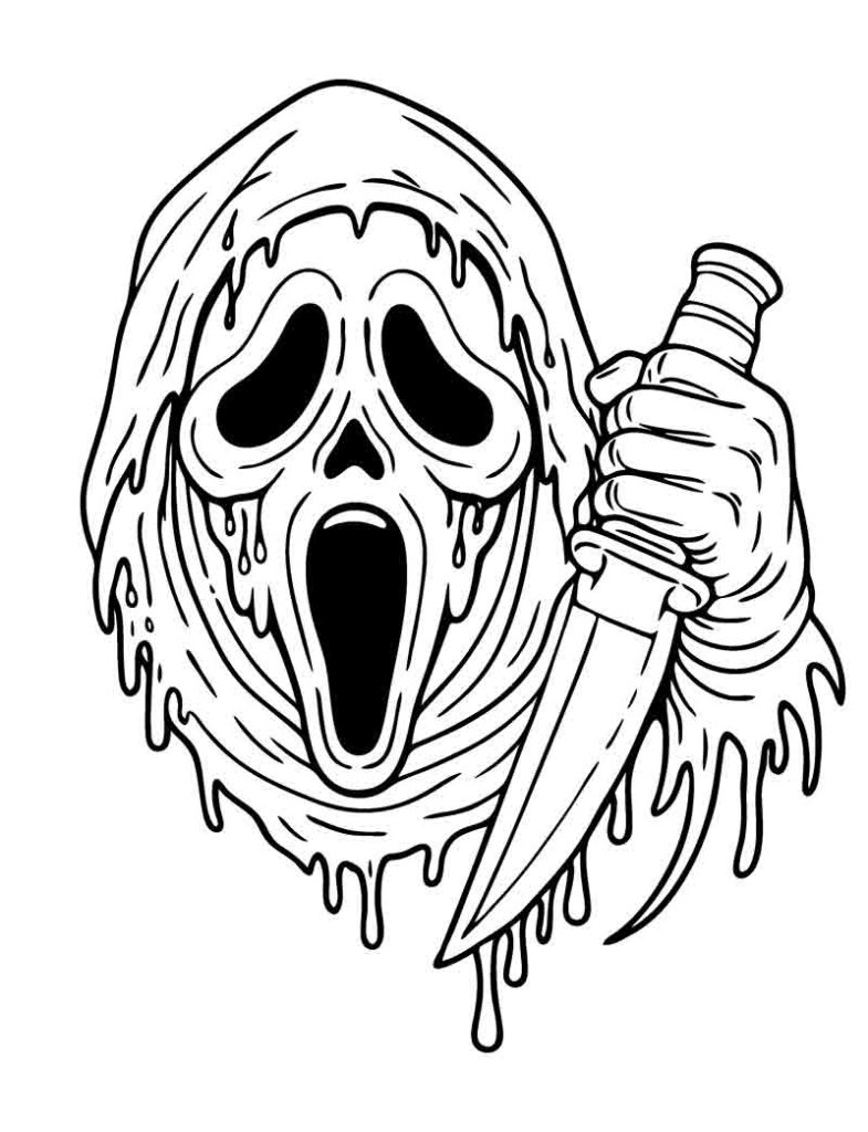 Slasher movie Ghostface mask tattoo flash coloring page for horror fans, featuring bold lines and dark aesthetic by Coloring Page AI
