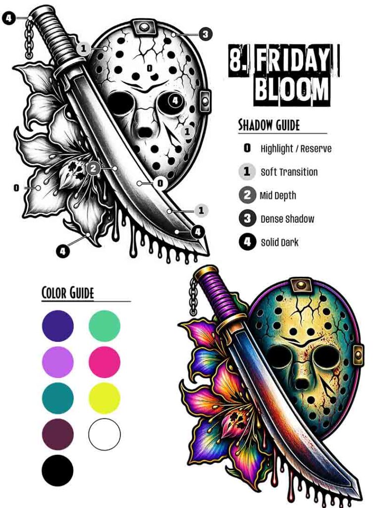 Jason Voorhees tattoo shading guide comparing grayscale contrast maps with full-color professional reference by Diego Perche Silva