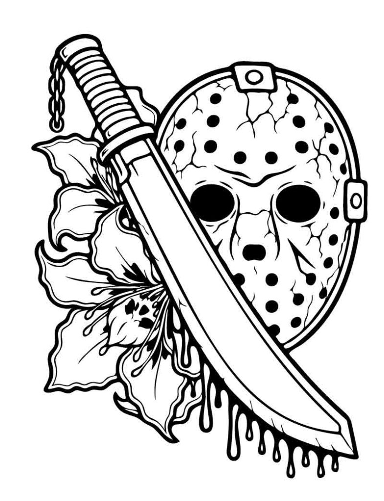 Jason Voorhees hockey mask tattoo flash coloring page, iconic horror movie slasher portrait with bold blackwork outlines