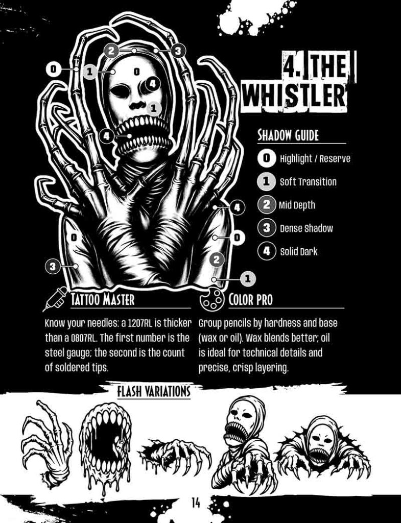 Monster tattoo shading guide showing side-by-side grayscale value maps and professional color references