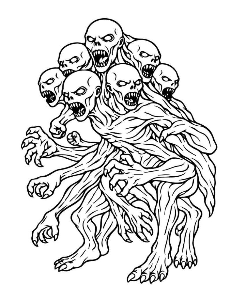 Horned demon monster tattoo flash for adult coloring, intricate dark fantasy art with professional linework