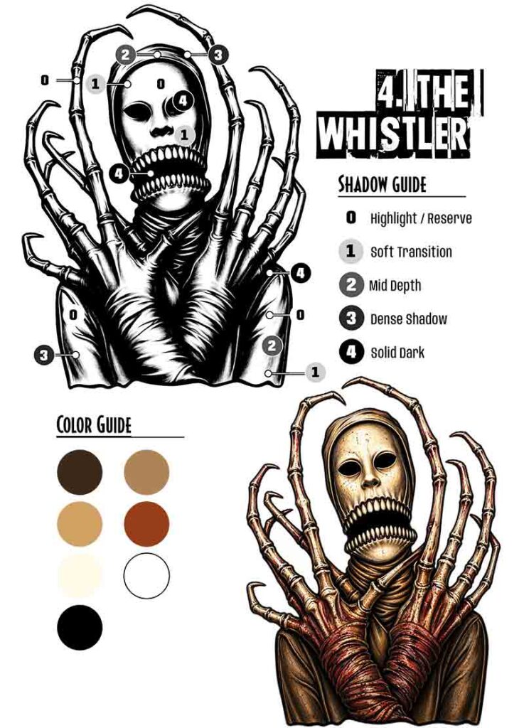 Monster tattoo shading guide showing side-by-side grayscale value maps and professional color references