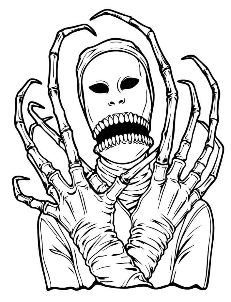 Demonic monster creature tattoo flash coloring page, dark realism portrait for horror fans by Diego Perche Silva