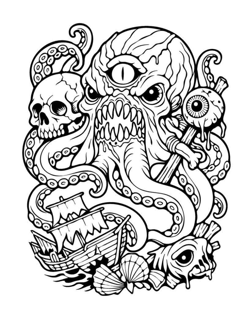Octopus kraken horror tattoo flash coloring page, sea monster with intricate tentacles in bold blackwork style