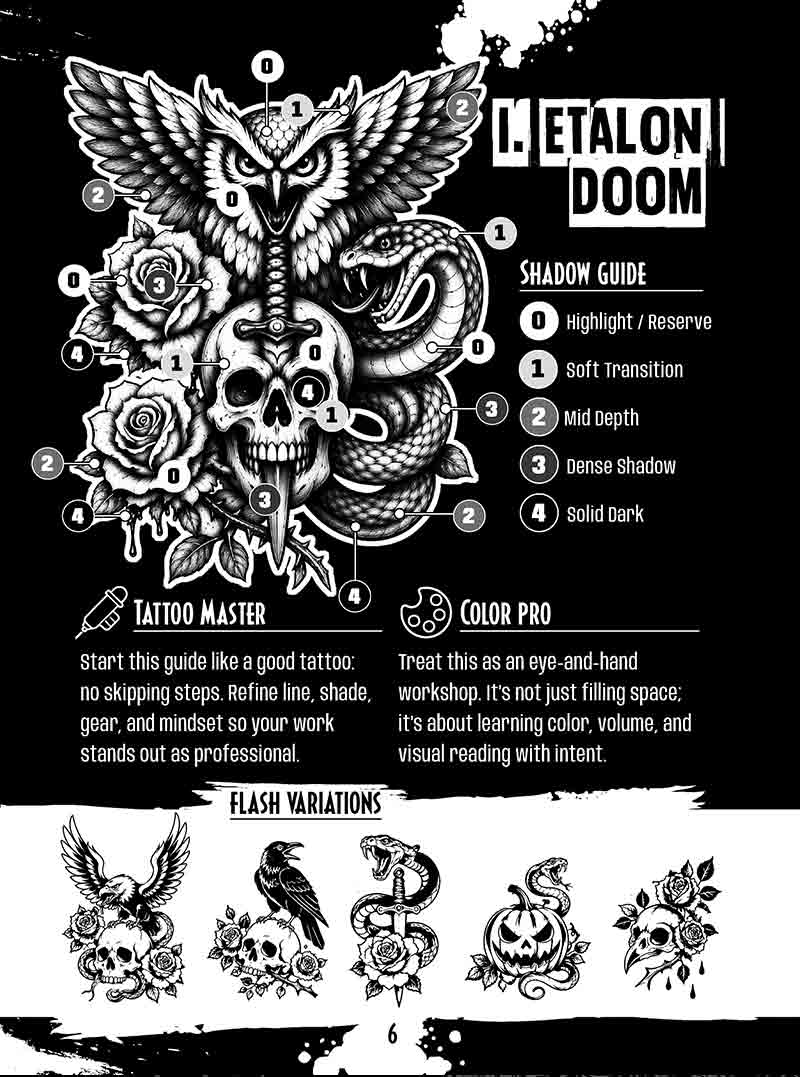 Professional book cover for Horror Tattoo Flash Shading Color and Coloring Guide featuring gothic typography and high-contrast dark art illustrations designed for tattoo artists, apprentices, and advanced adult colorists.