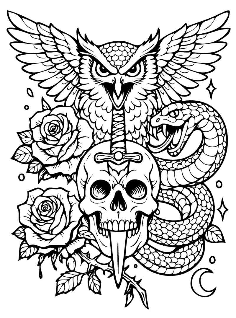 Detailed gothic owl tattoo flash coloring page for adults featuring ornamental feathers, mystic eyes, and dark fantasy elements in a bold blackwork linework style for advanced coloring.