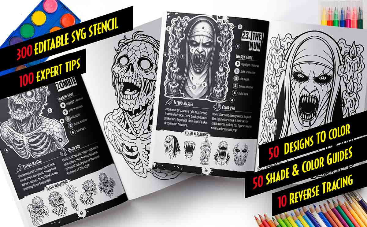 Composite page from the Horror Tattoo Flash Coloring Book for Adults by Diego Perche Silva, detailed description of its comprehensive features: 50 Dark Art Illustrations, 300+ Flash Variations, 50 Shading Guides & Value Maps, 100 Expert Guidance Tips, 10 Reverse Tracing Exercises, and Printable PDFs, Stencil-Ready SVGs, and Color References, perfect for beginners, apprentices, and professionals