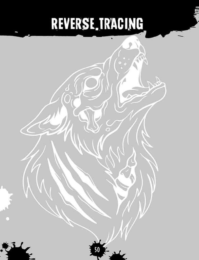 Reverse tracing tutorial page for tattoo apprentices, building muscle memory with white-line dark art exercises