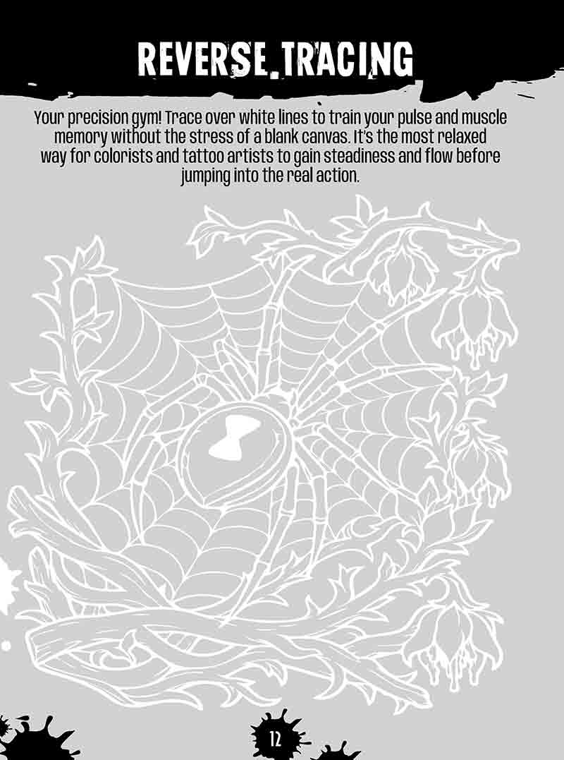 Reverse tracing practice page for tattoo apprentices showing white-line outlines on a dark background to improve hand stability, pulse control, and line work precision for beginners.
