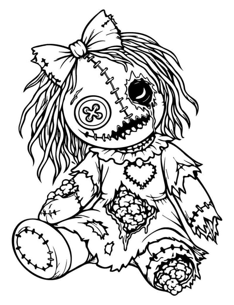 scary doll horror movie tattoo flash coloring page with bold blackwork outlines for adult artists