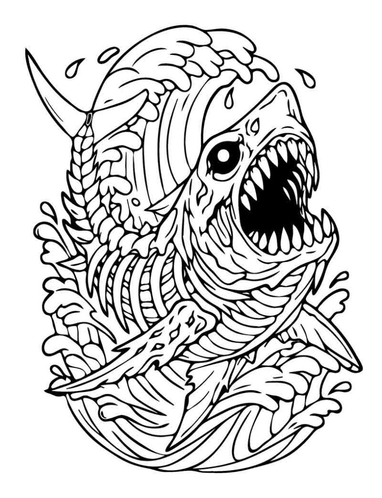 Great White Shark tattoo flash coloring page, aggressive sea predator design with bold outlines and dark realism