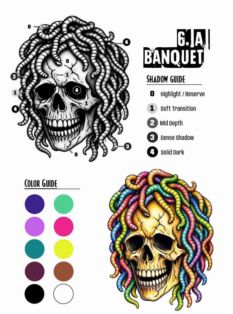 Professional full-color reference gallery for the Horror Tattoo Flash book, displaying side-by-side comparisons of blackwork line art and fully rendered color masterpieces with vibrant gothic palettes, soft transitions, and realistic shading guides by Diego Perche Silva.