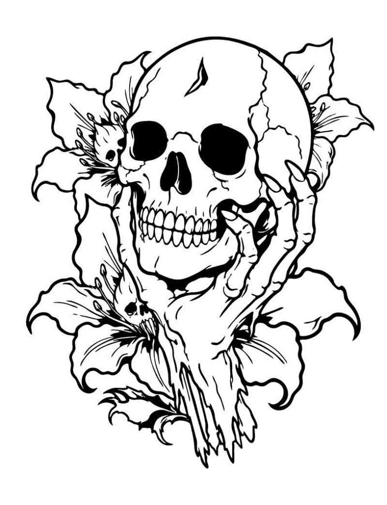 Ornate human skull horror tattoo flash coloring page, gothic anatomical art with intricate shading by Diego Perche Silva