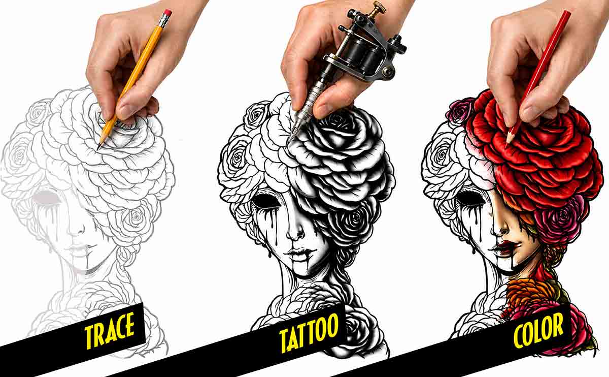 This definitive internal view from the Horror Tattoo Flash Coloring Book serves as a comprehensive tattoo shading guide. The left page provides a four-step visual guidance system for precise value mapping (Highlights, Mid Depth Shading, Dense Shadows, Final Map). The right page is a tattoo flash sourcebook of repeatable composition fillers, including micro-designs of skulls, reapers, daggers, roses, and anchors, optimized for studio workflow