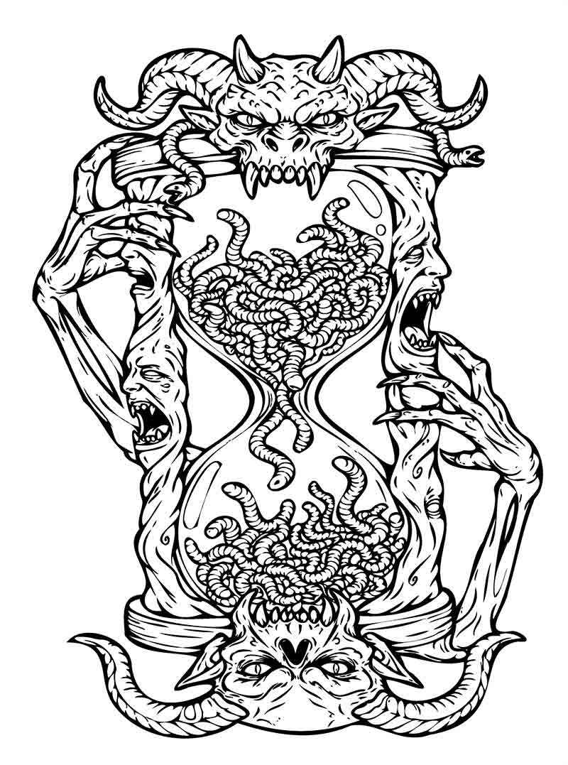 Dark fantasy art coloring page from a horror tattoo flash book depicting two menacing monstrous clawed hands with sharp nails intertwined with complex eerie thorny vine compositions and gothic patterns in bold linework.