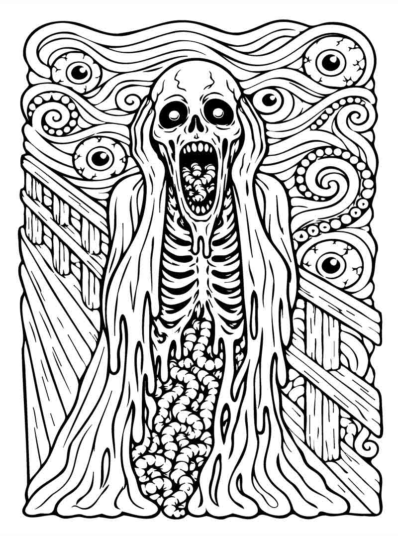 Intricate horror tattoo flash coloring page for adults featuring a large human skull with a haunted house mansion, bats, and full moon scene inside the cranium, surrounded by gothic floral roses and thorny vines linework.