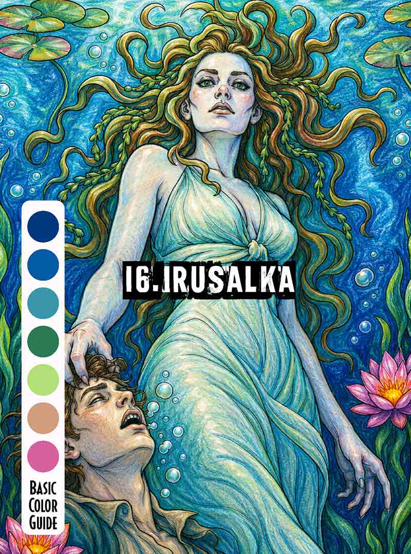 Rusalka water nymph underwater color guide preview from 50 Dark Fantasy Beauties horror coloring book
