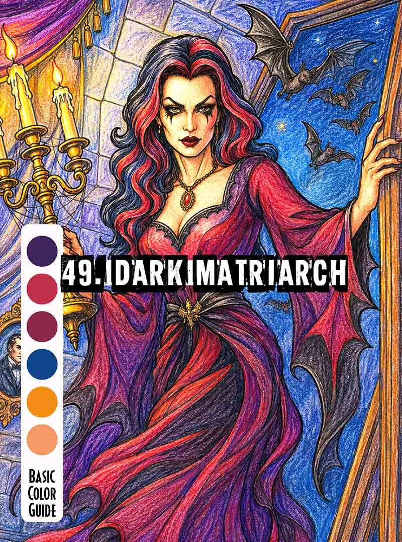 Finished color reference with palette swatches of Dark Matriarch vampire queen for dark fantasy inspiration.