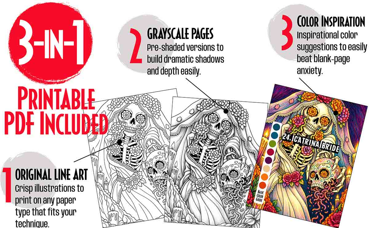 Pre-shaded grayscale pages promo banner for 50 Dark Fantasy Beauties horror coloring book