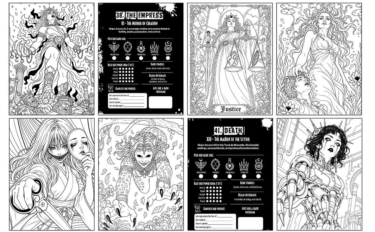 Interior preview grid showing gothic character lore cards and detailed horror line art pages