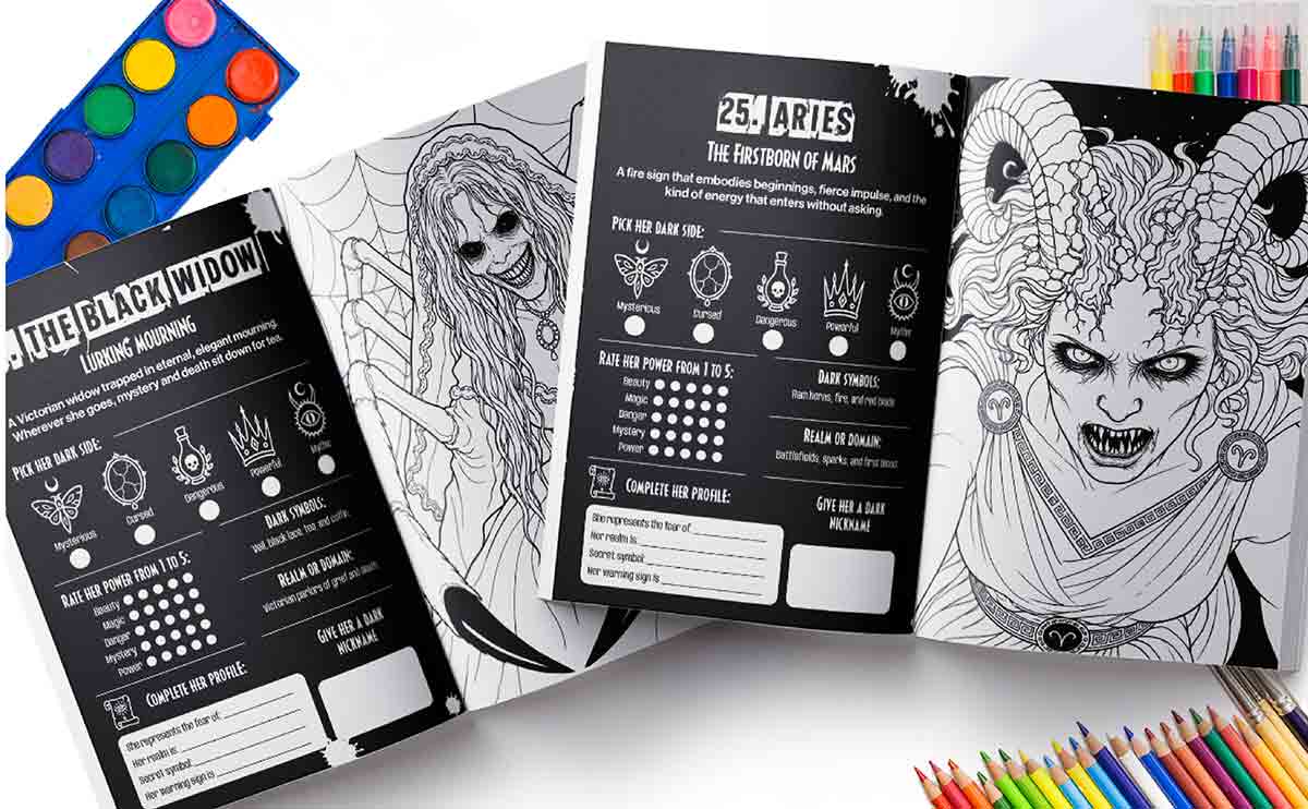 Printed pages mockup of gothic women and gorgeous demons for adult dark fantasy coloring book