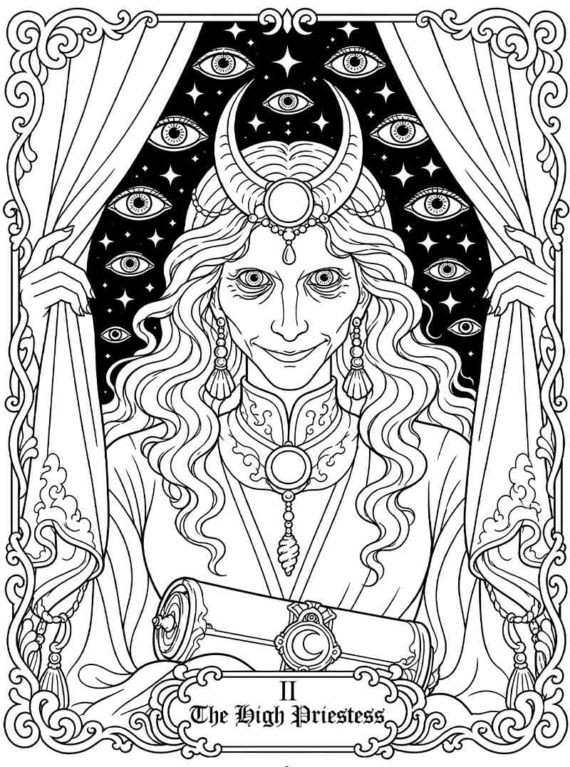 Gothic dark fantasy goddess with third eye, occult witch line art for adult horror coloring book