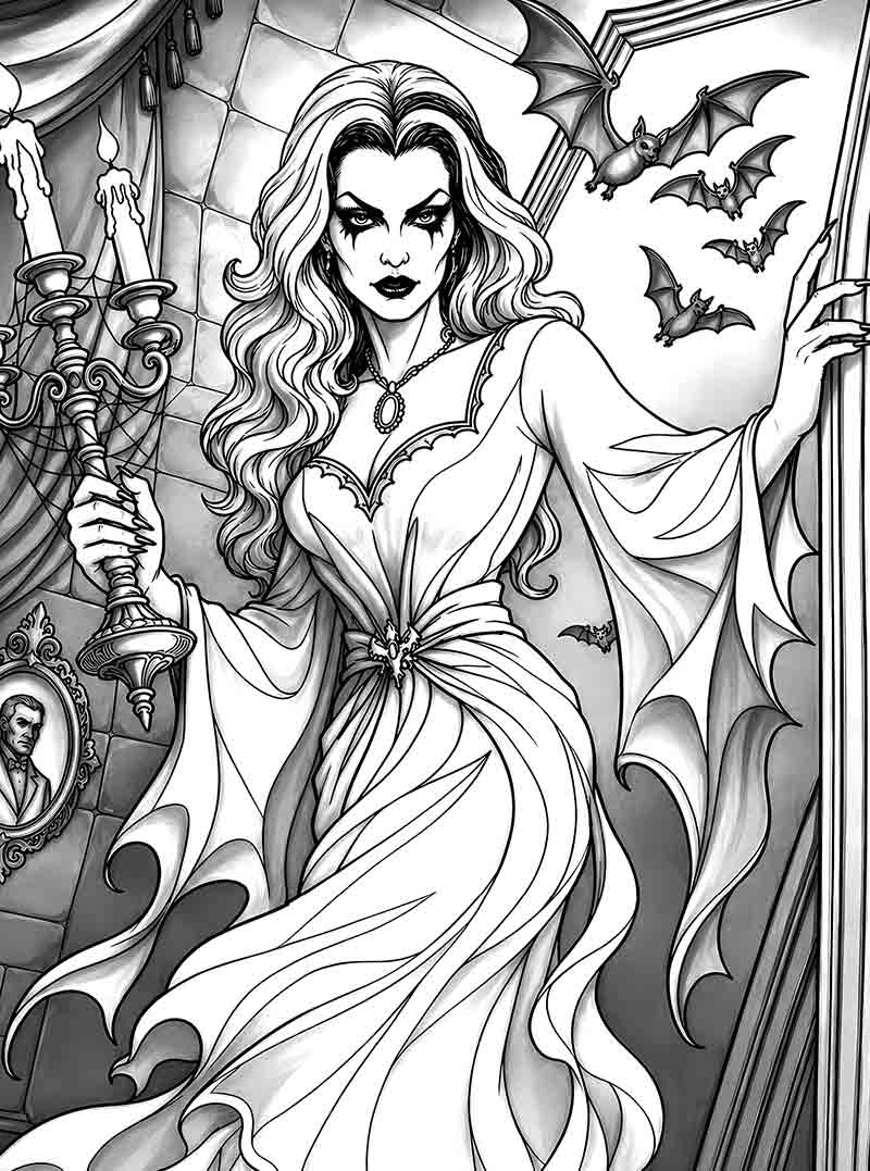 Pre-shaded tonal illustration of macabre female villain featuring realistic depth, lighting, and shadow effects